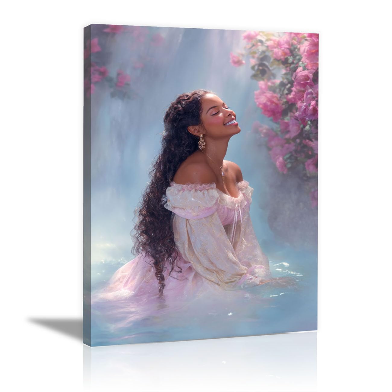 QUSAAOU Black Woman Canvas Wall Curly Lady Waterfall Bougainvillea Portrait Graffiti Canvas Art Posters Prints African Woman Modern Picture For Living Room Bedroom Office(coral pink)-60x90cm1 Framed