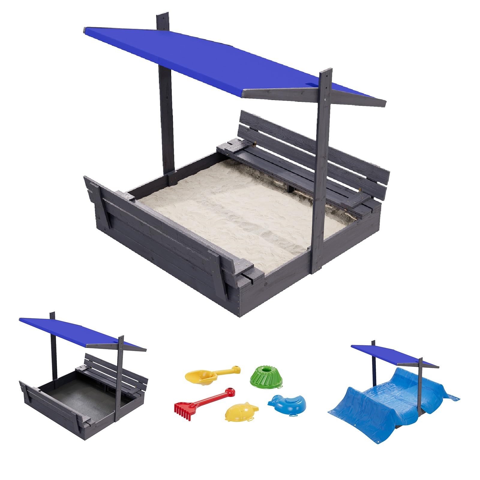 QLS Bac à Sable Bois 120 cm avec Toit et Banc Bleu/Anthracite