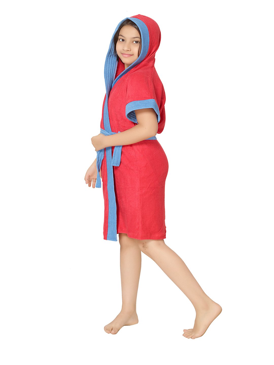 SAND DUNE Kids Girl Hood Bathrobe | Terry Cotton Shower Gown | Half Sleeve Knee Length Girls Bath Robes | Pocket with Waist belt | Cherry Red Bathrobe | 12-13 Year - Image 3 thumbnail