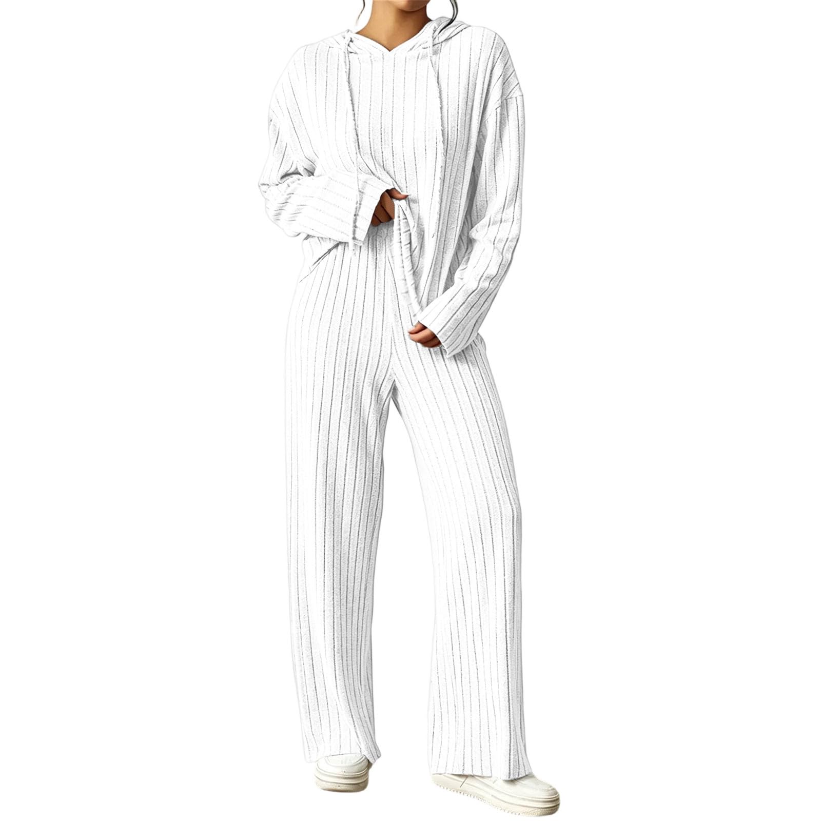 Ensemble Femme Tricot Côtelé Pull À Capuche Pantalon Droit 2 Pièces Ensemble Jogging Femme Hiver Automne Grandes Tailles Vêtement De Nuit Doux Tenue Interieur Chic Et Elegant