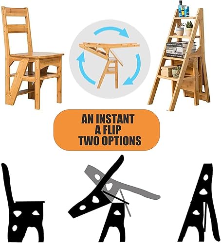 Miniatura 5 de Silla plegable de madera maciza, escalera de biblioteca portátil de 4 escalones, silla plegable convertible para adultos, oficina, hogar, cocina al