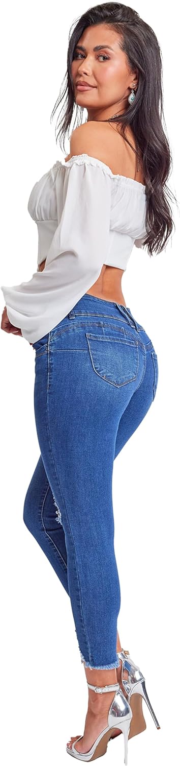 YMI Womens Junior Wannabettabutt 3-Button Mid-Rise Fray Hem Skinny Ankle Denim Jeans, Indigo Blue Rips, 7 - Image 5