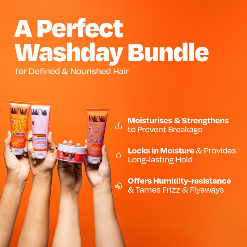 Image of MANETAIN Washday Hold Bundle Mini Size - Complete Curly Hair Care Set | Moisturizing Shampoo 100ml | Multipurpose Conditioner 100gm | Leave-In Conditioner 100 ml and Hard Hold Gel 100 ml
