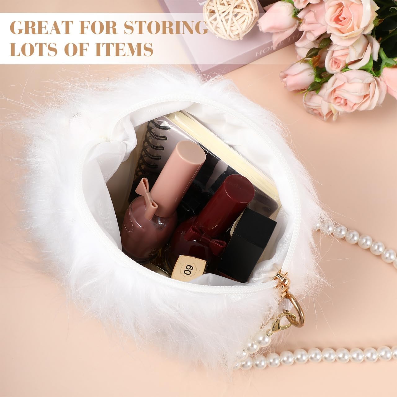 Crossbody Bag Plush Pearl Chain Cellphone Purse Small Fuzzy Shoulder Pouch for Women Ladies Girls - White 7.87 X 7.87 X 1.18 Inches - Image 4