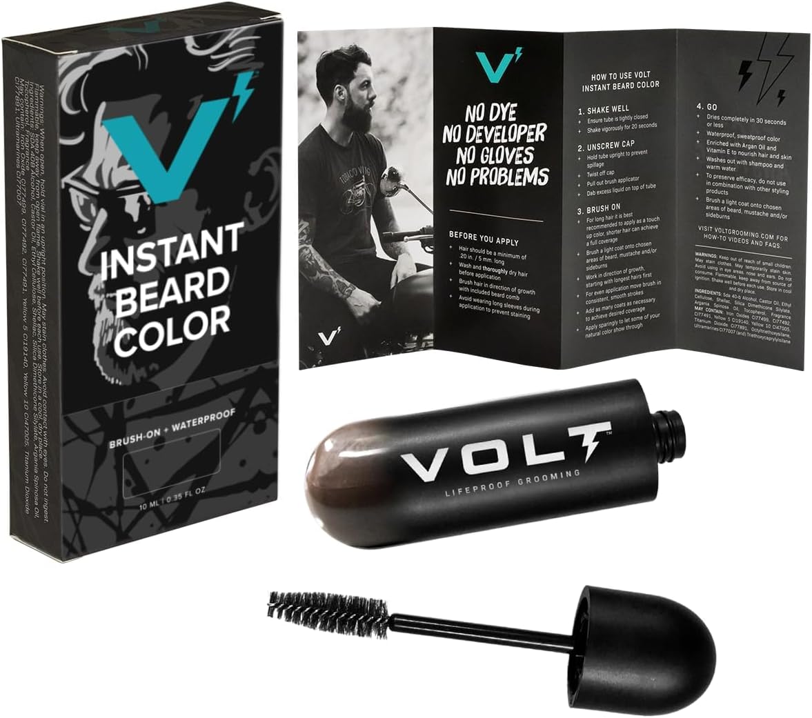 VOLT Grooming Temporary Instant Beard Color for Men, Quick Drying Plant-Based Brush On Beard, Hair, Mustache & Eyebrow Color, Safe for Sensitive Skin, Dark Brown, 1 Pack, Up to 35 Applications