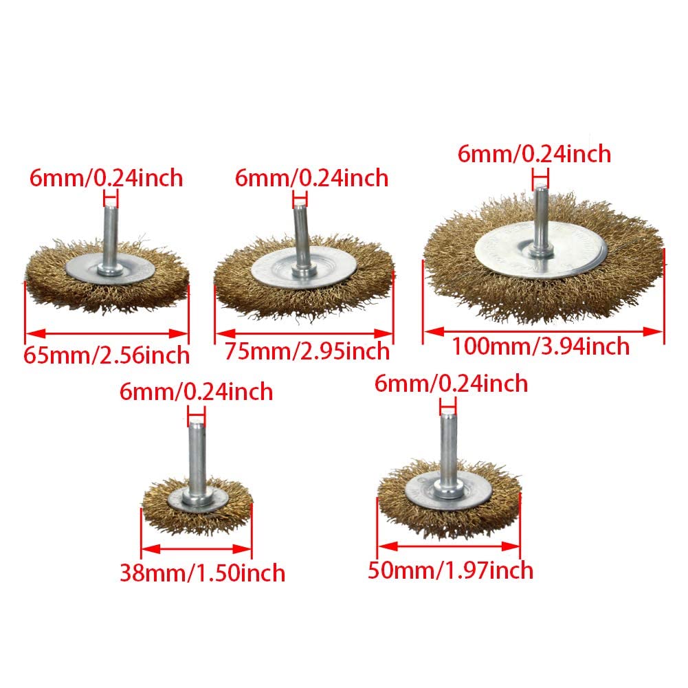 Auniwaig 5PCS Wire Wheel Brush,Fine Crimped with 1/4-Inch Shank Copper Plated Crimped,Wire Wheel Brush Bench Copper Wire,4",1-1/2", 2", 2-1/2", 3",for Metal and Non-Metal Polishing