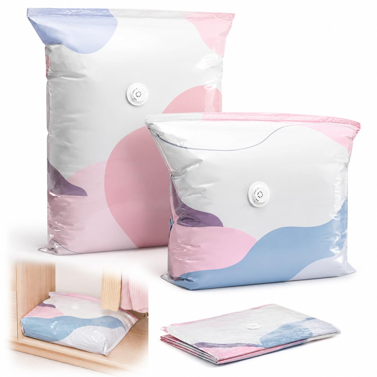 2 PCS No Pump 3D Vacuum Storage Bags, No Pump Vacuum Storage Bags for Space Saving Storage, No Pump Large Vacuum Storage Compression Bags for Clothing and Travel Packing, Two Different Size Designs