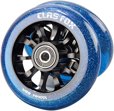 CLAS FOX Pro Scooter Wheels 100mm Transparent Sparkle PU with ABEC-9 Bearings CNC Metal Core (2pcs) (Blue)
