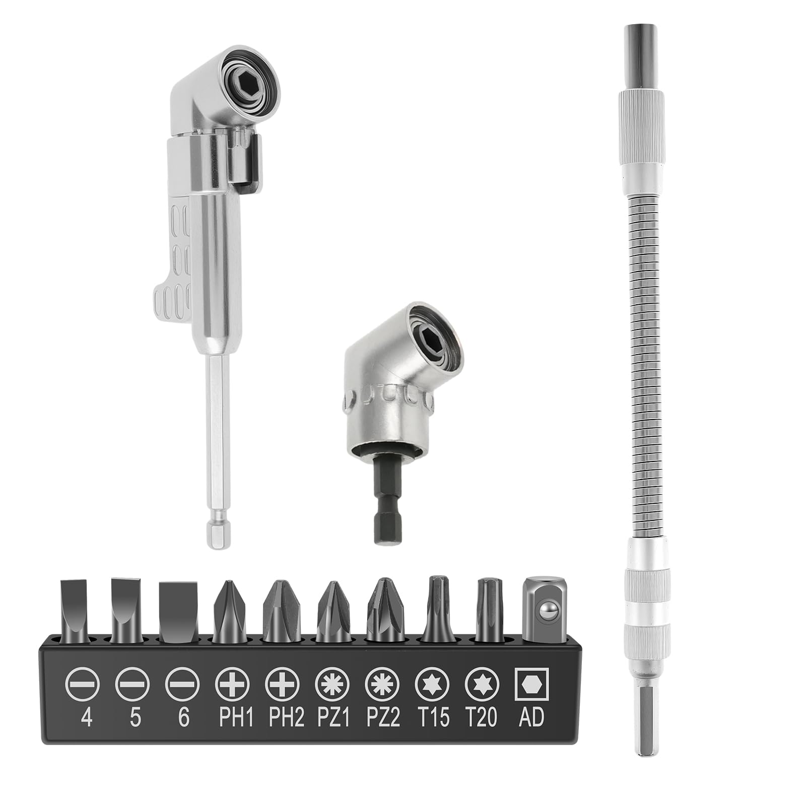 MABCIRY 105 Degree Right Angle Drill Adapter Set, Galvanized Steel Right Angle Drill Attachment with Drill Bit Extension and Bit Corner Tool Screw Hub for Household Work (12)
