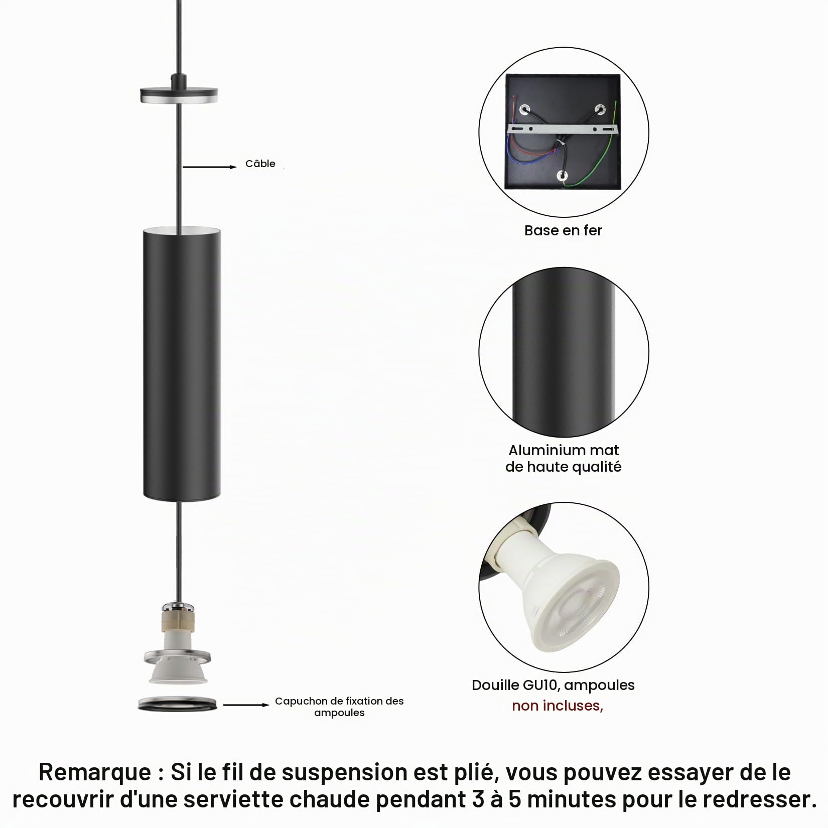 Klighten Suspension Luminaire Cylindre GU10, Lampe Suspension 3 Sopts Moderne pour Salon Chambre Cuisine Table à Manger, Hauteur Réglable, Noir, Ampoule non Incluse