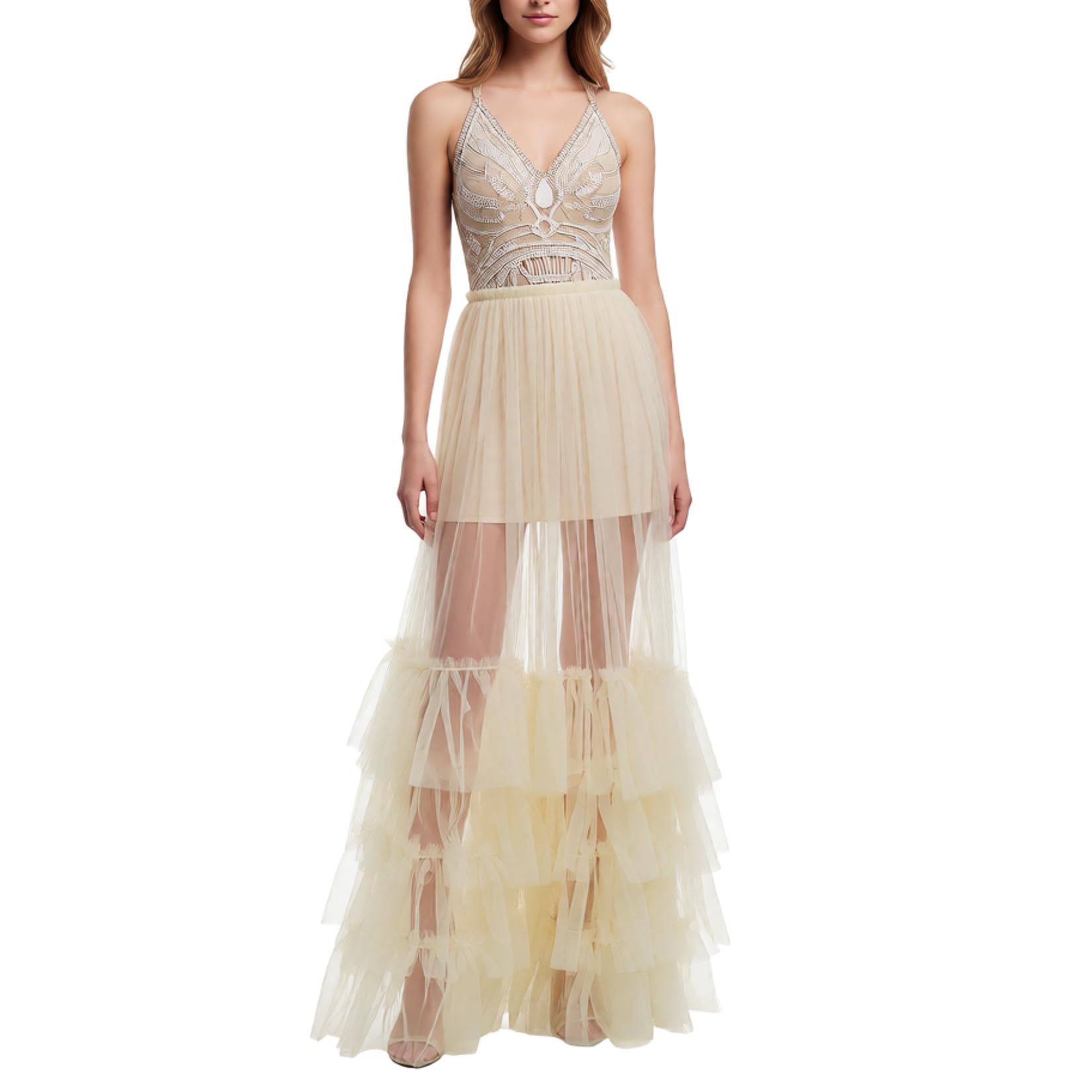 BPURB Women High Waist Sheer Mesh Ruffle Tiered Maxi Skirt See-Through Wedding Party Prom Beach Tulle Tutu Long Skirt Cover-Up Beige