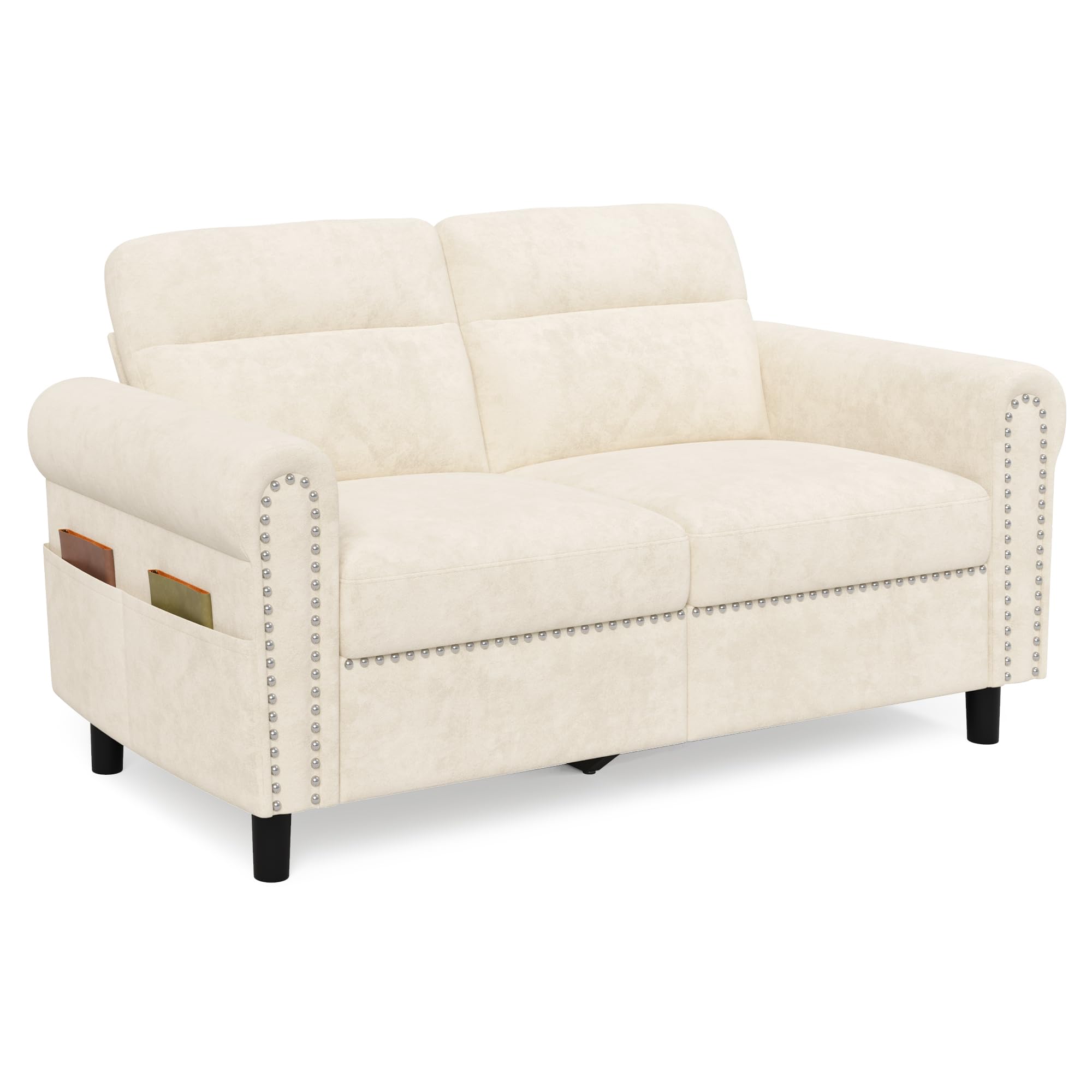 Sofá de 2 Plazas, Loveseat con Bolsillo Lateral, Sofá de Dos Plazas con Cojines Extraíbles para Salón, Dormitorio, Oficina, 152 x 76 x 84 cm (Beige)