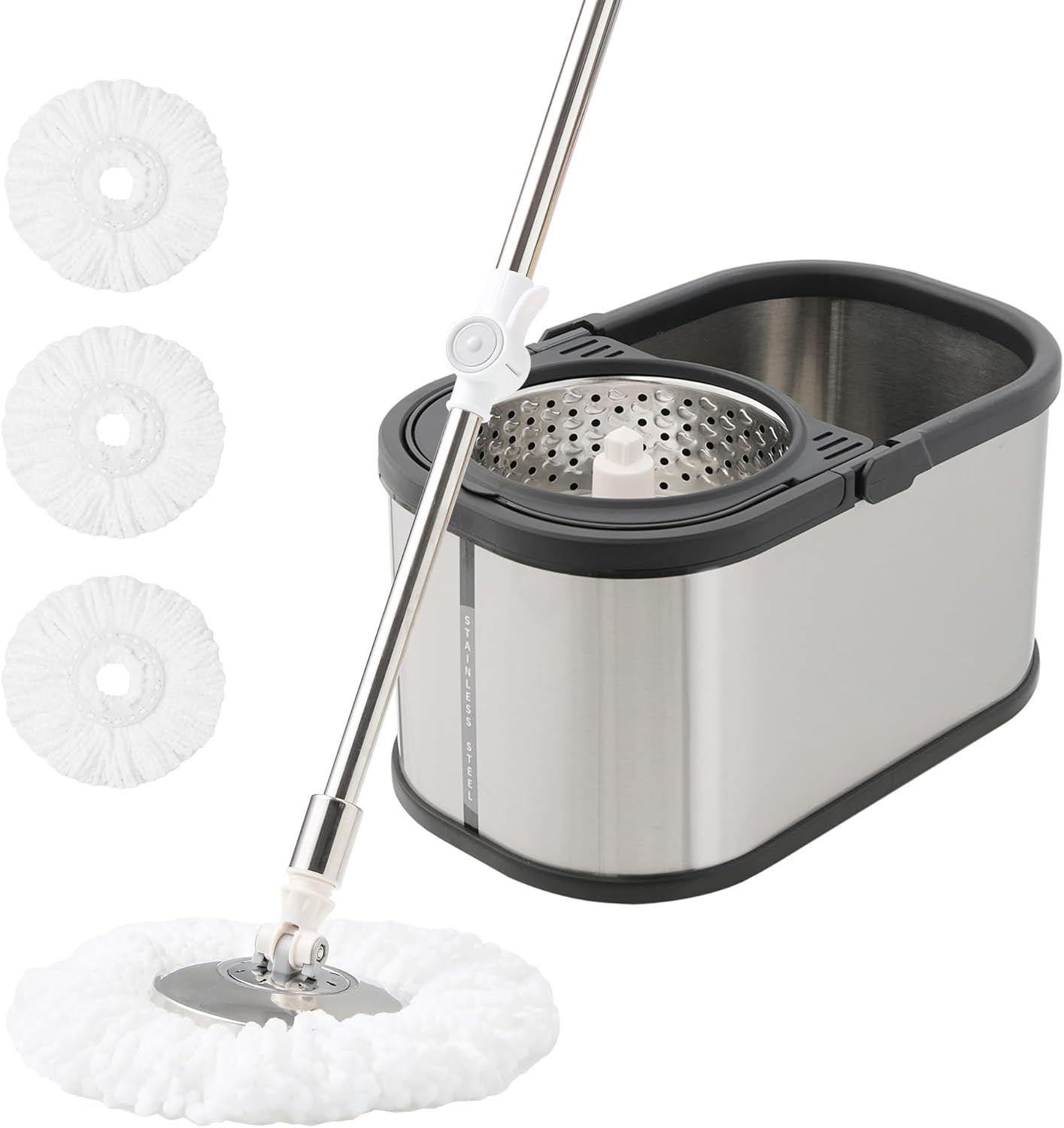 Stainless Steel Spin Mop and Bucket with Wringer Set, 360° Spinning Mop Bucket Floor Cleaning System with 4 Microfiber Mop Replacement Heads
