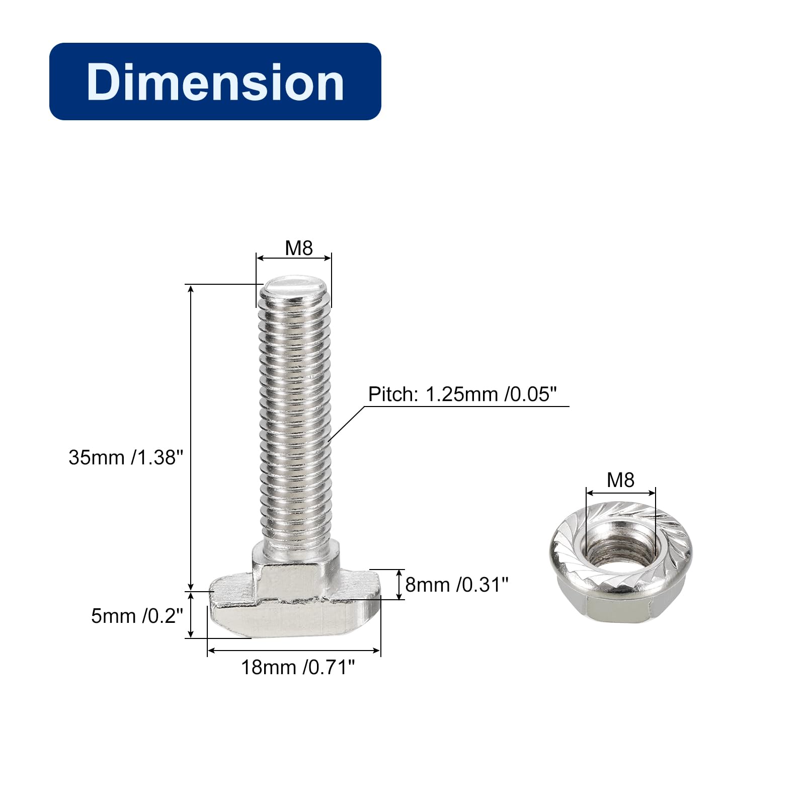 QUARKZMAN Vis en T avec Boulon M8X35mm et Écrous à Bride Hexagonale M8, 40 Ensembles de Boulons en T en Forme de T à Tête de Marteau pour Profilé en Aluminium de Série 40
