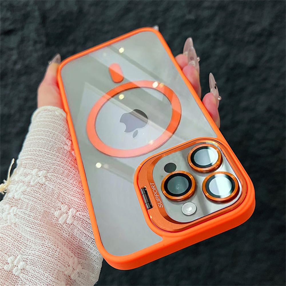 Magnetyczne etui odporne na wstrząsy do iPhone'a 17 16 15 14 Plus 13 12 11 Pro Max, szklana osłona obiektywu Funda Stand, pomarańczowa, do iPhone'a 17 Air