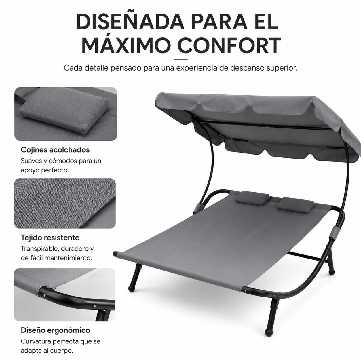 Cama Balinesa Doble Exterior con Toldo Ajustable y Cojines, Tumbona de Jardín para 2 Personas, Estructura de Acero para Terraza, Piscina y Patio