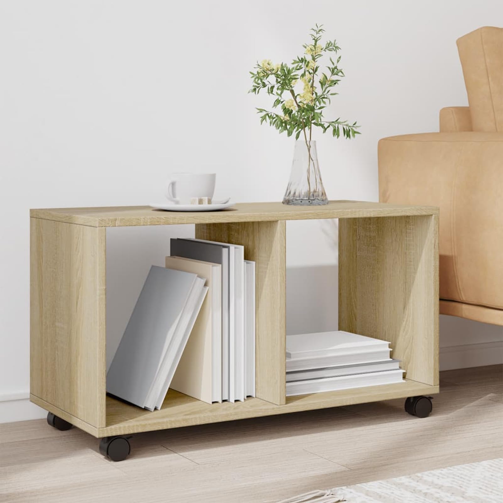 Armario con ruedas de freno, roble Sonoma, 72 x 33 x 42,5 cm, fácil de mover para oficina y salón