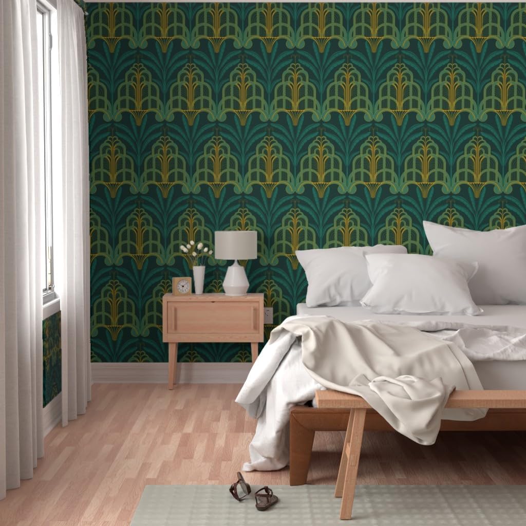 Spoonflower Removable Wallpaper 3ft x 2ft - Teal Art Deco Banana Leaf Tropical Waterfall Leaves Water Palms 1920S Custom Pre-Pasted Wallpaper