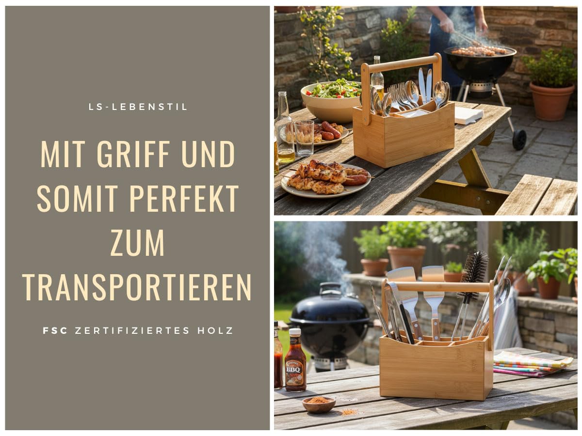 LS-LebenStil Holz Besteckkorb Kampen 4-Fächer 22cm Rechteckig mit Griff Cutlery Utensilo Küche Utensilienhalter Organizer Besteckkasten Besteckständer Besteckbehälter Besteckhalter Stiftebox
