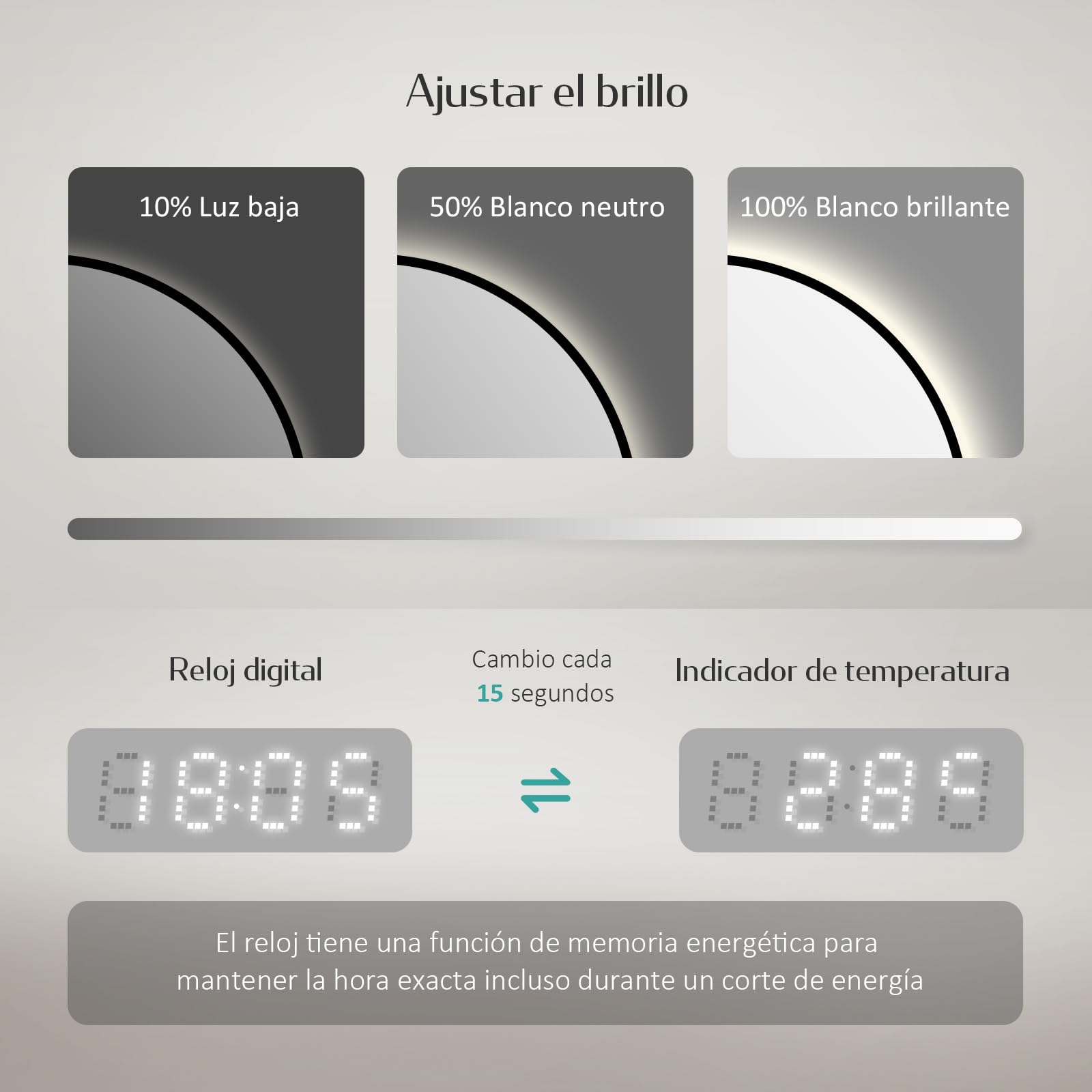 EMKE Espejo LED Redondo de Baño, ø60cm,Marco Negro, antiempañante, con visualización de Hora y Temperatura, luz Neutra, Intensidad Ajustable, Espejo de baño con iluminación, IP44