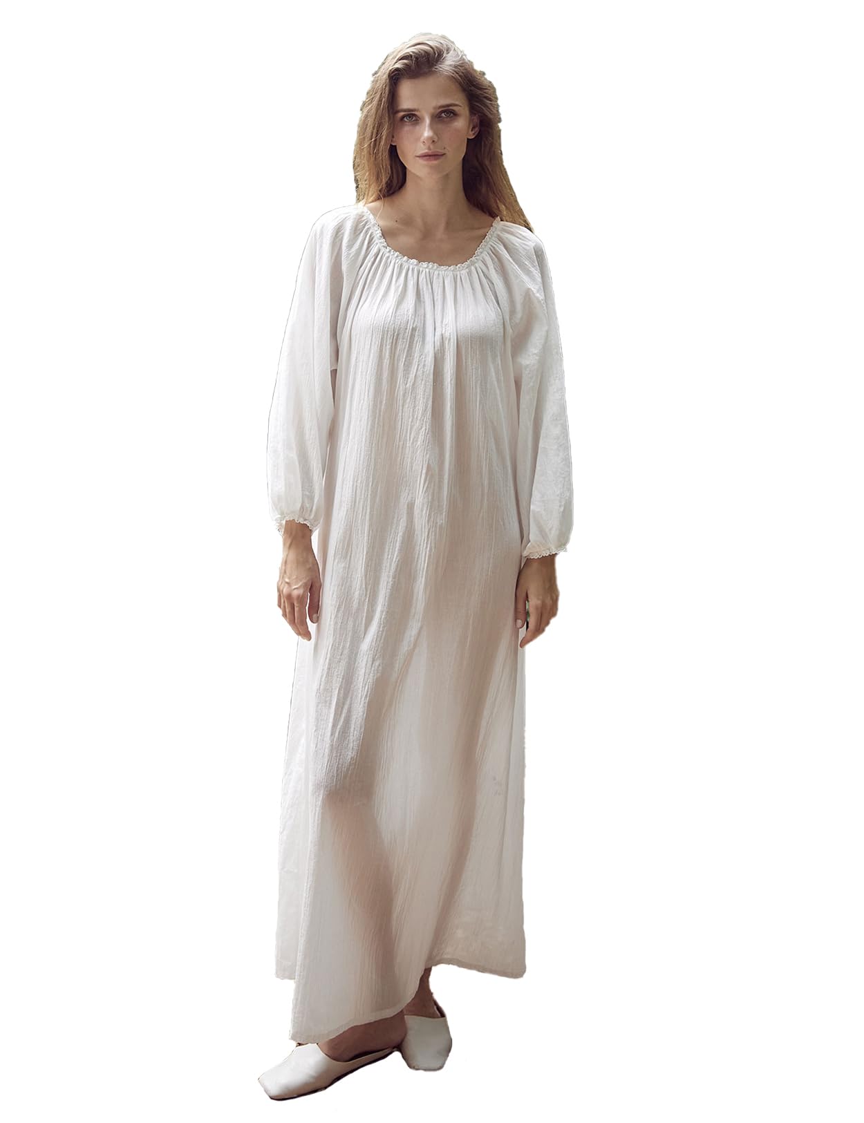 BEAUTELICATE Camisón Victoriano de Algodón Muselina para Mujer con Detalles de Encaje Manga Larga Suave y Holgado Blanco