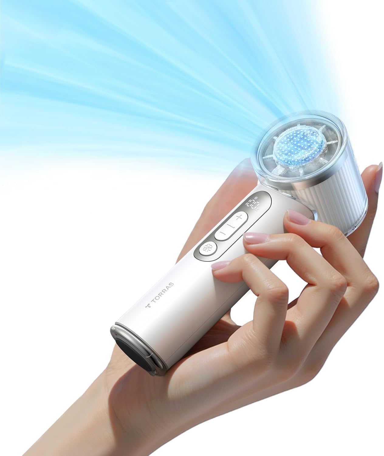 COOLiFY iva Handheld Fan with Ice Cooler, [Chill by 50F], 0-100 Adjustable Speed, Super Mini Powerful Portable Fan 5000mAh Rechargeable, Hand Fans for Travel Essentials, Gifts for Women, Ivory