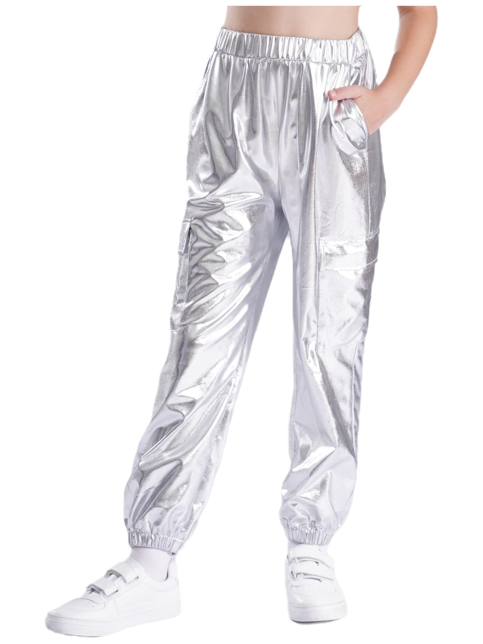Traje deportivo metálico niña manga larga pantalón holográfico años 70 80