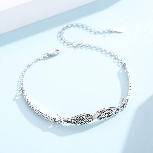Miniatura 7 de OHAYOO Pulsera de alas de ángel vintage de plata esterlina para mujeres y hombres, pulseras de alas ajustables, pulseras inspiradoras de ángel