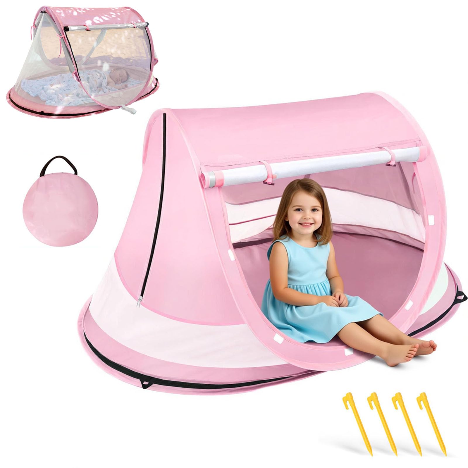 Strandmuschel Baby uv Schutz 50, Pop up Strandzelt als Sonnenschutz für den Strand, 360° Moskitonetz Zelt, Inklusive Tragetasche für Reisen und Camping, Geeignet für Sand und Rasen