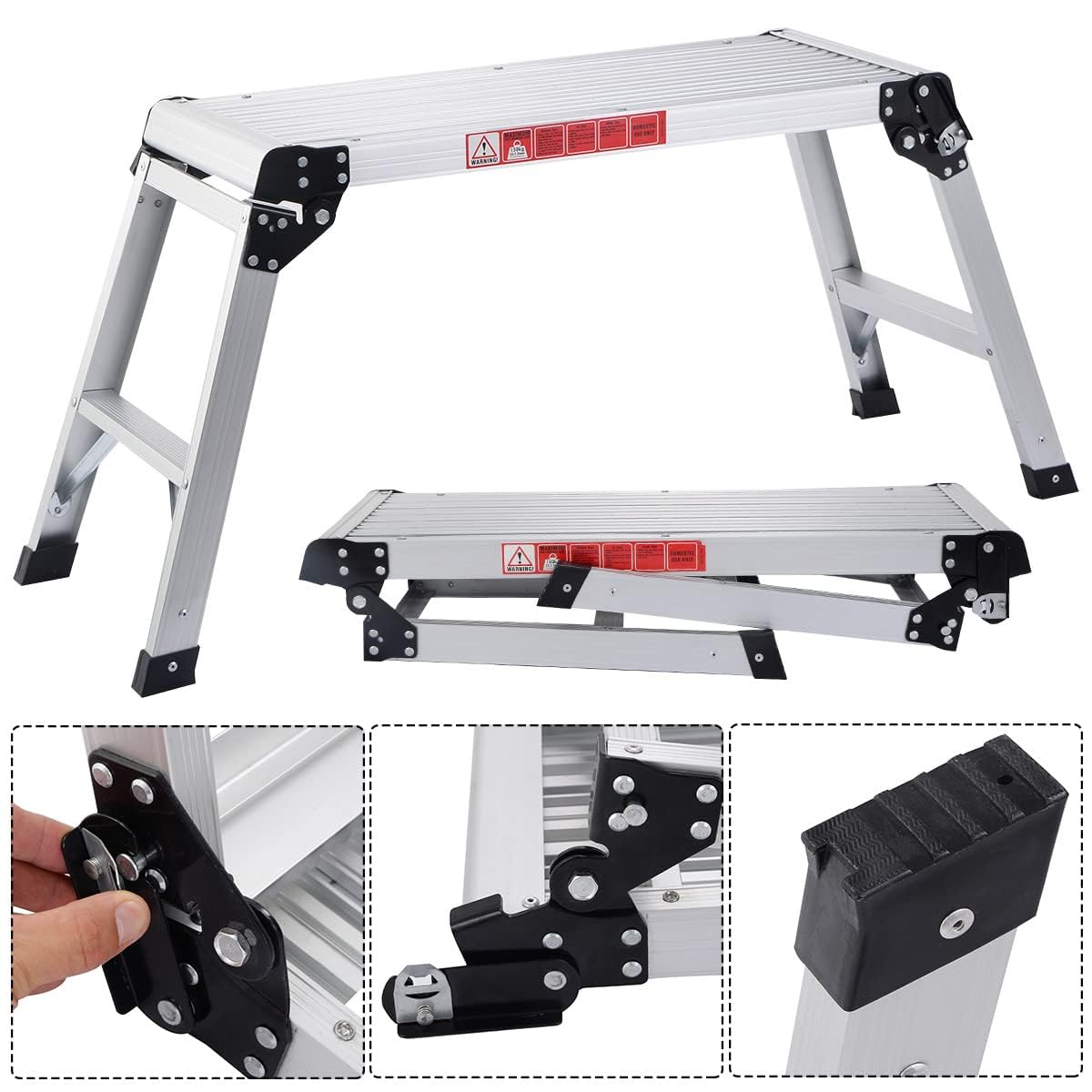 FANTASK Plateforme de Travail Pliable en Aluminium avec serrures de sécurité, marchepied - Capacité de Charge de 150 kg - avec Tapis antidérapants - Escabeau pour Atelier, Maison, Bureau et Garage