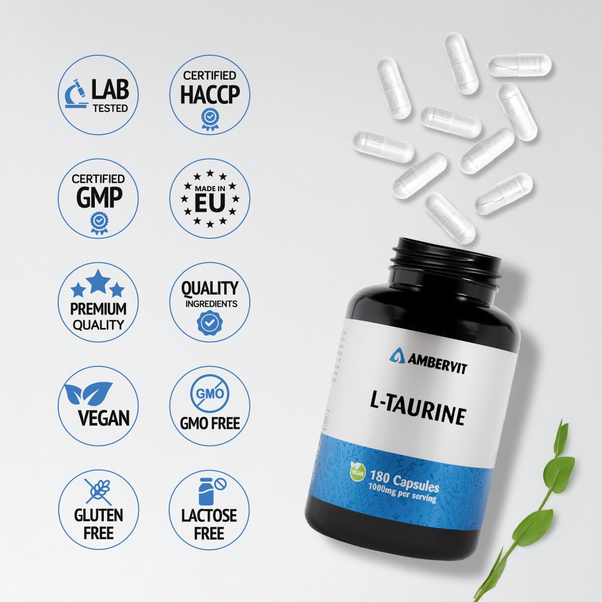 Taurina Integratore 1000 mg – 180 capsule – Scorta per 3 mesi - Aminoacido Vegano, Facile da Ingerire, Alto Dosaggio e Senza Riempitivi Artificiali | Senza Allergeni e Senza Glutine | Ambervit