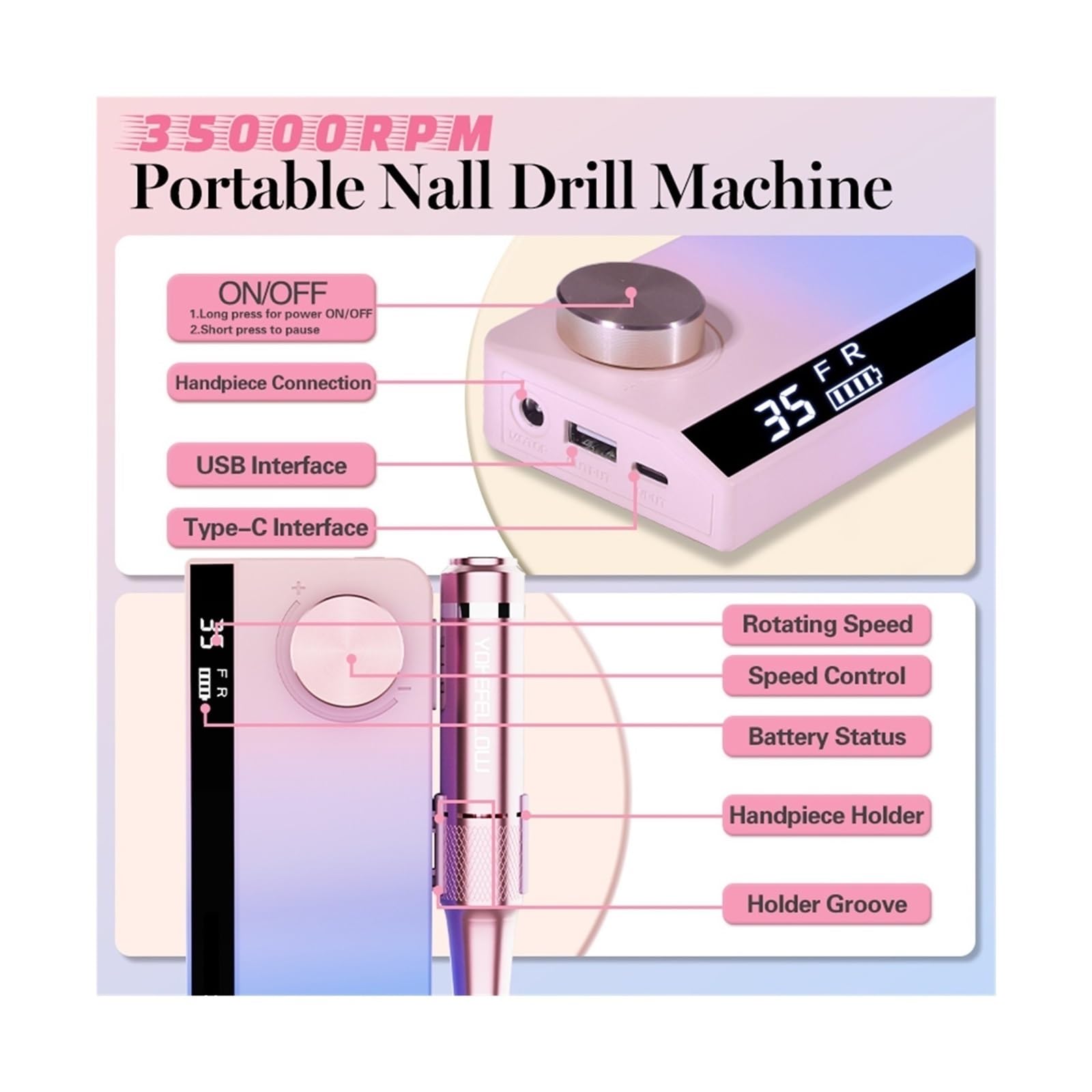 Lima elettrica per unghie Trapano For Unghie Elettrico Ricaricabile Da 35000 Giri/min, Frese For Unghie Portatili For Unghie In Acrilico/gel, Strumenti For Unghie Professionali For Pedicure Manicure L