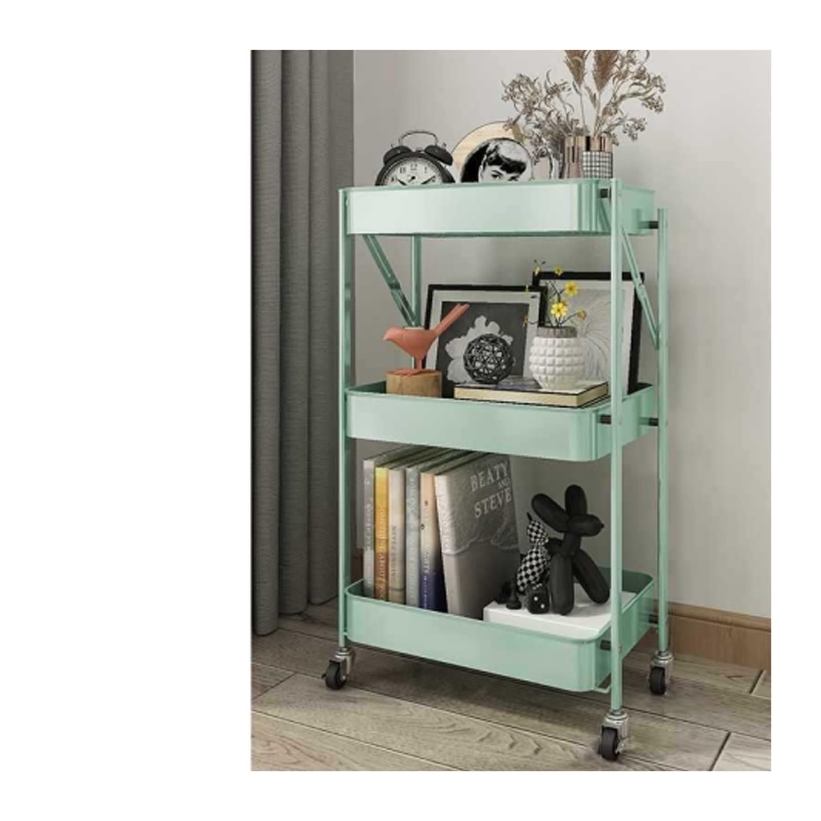 FZL02068LM Serving Trolleys Kitchen Movable Folding Trolley, Storage Rack, Multi-layer Floor, Living Room Snack, Vegetable Basket Organization(Green)