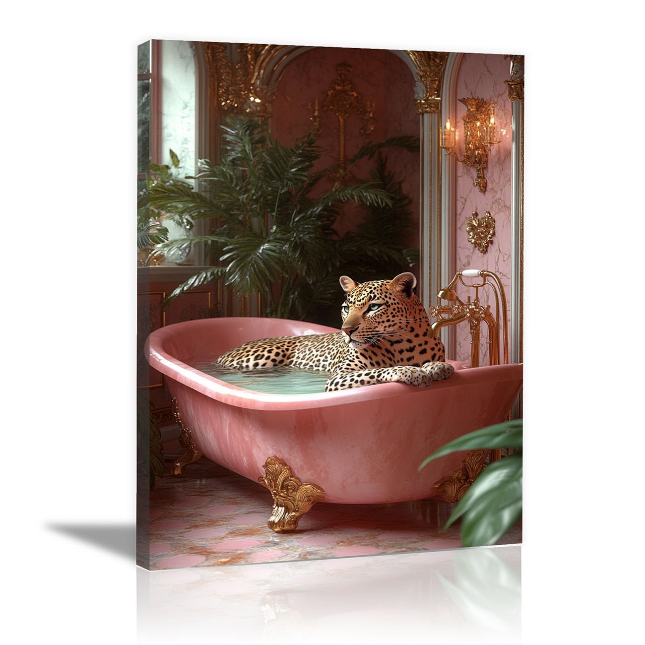 QUSAAOU Canvas Pictures Leopard w marmurowej wannie, szlachetne metalowe armatury, plakat z motywami zwierzęcymi, nadaje się do dekoracji ścian w sypialni, kuchni, biurze i łazienkach, kolor różowy