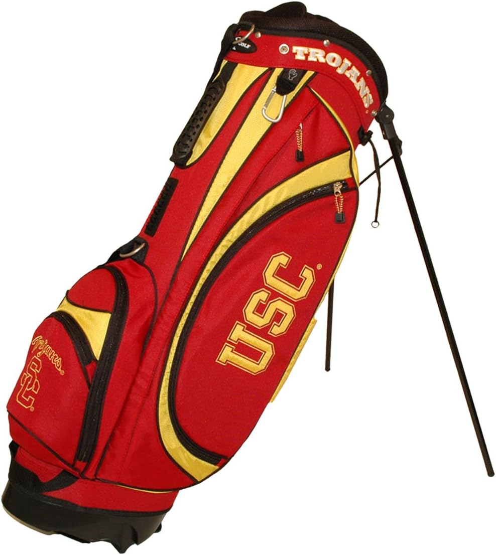 Team Golf NCAA USC Trojans Golf Bag with Stand, Lightweight, 7-way Top with Integrated Handle, Spring Action Stand, Cooler Pocket, Padded Strap, Umbrella Holder & Removable Rain Hood
