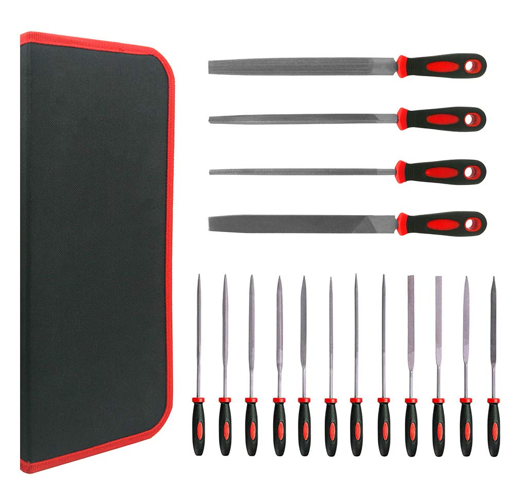 NORTOOLS 17 PCS T12 Steel File Set, Flat/Round/Triangle/Half-Round Hand Set with Needle File & Brush for Woodwork, Metal, Model & Hobby Applications