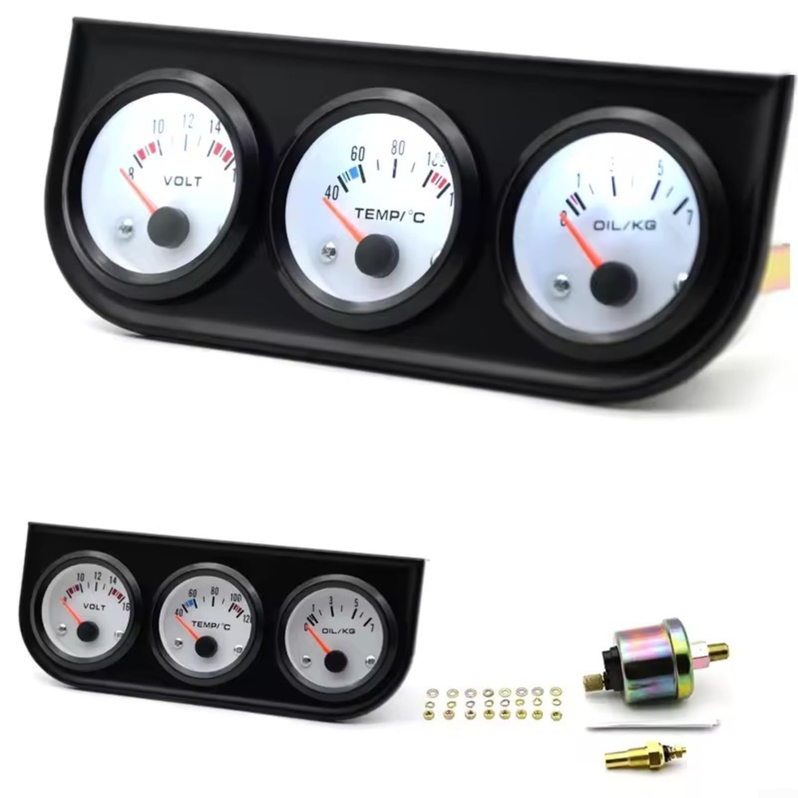 Juego de calibre 3 en 1 para coche, 52 mm, voltaje de aceite, temperatura del agua, voltímetro, instrumento combinado para coches, camiones, 12 V, carcasa de ABS, color blanco y negro, montaje (B)