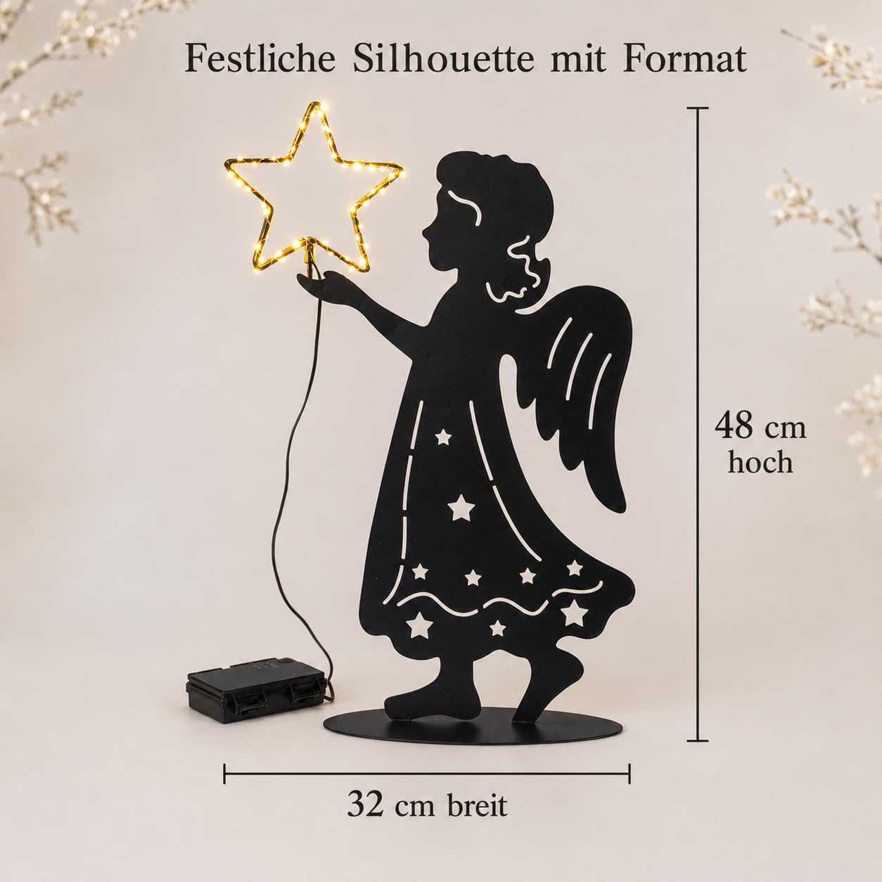 formano Anioł LED z gwiazdą 48 cm z metalu, timer, do użytku na zewnątrz
