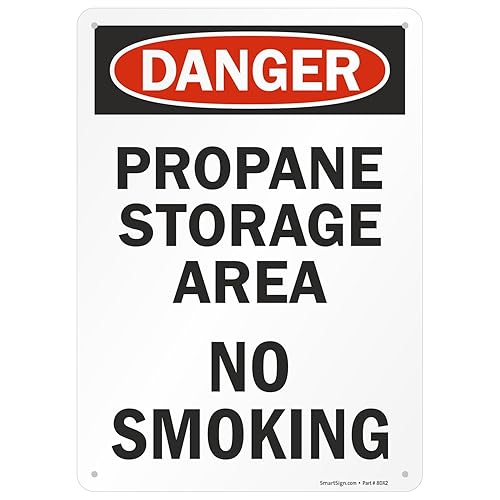 SmartSign - U9-2344-NA_10x14 "Danger - Área de almacenamiento de propano, no fumar" Letrero  Aluminio 10" x 14" NegroRojo sobre Blanco