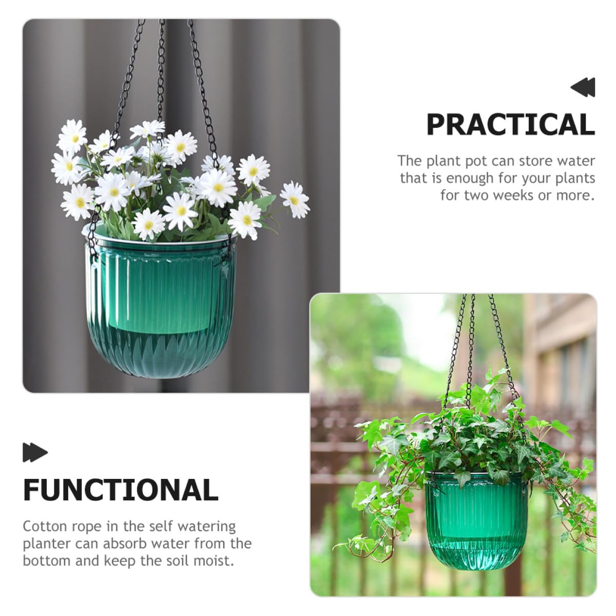 Uonlytech Fioriera Sospesa da Balcone 3 Pezzi in Plastico Verde | Autoirrigante, Resistente Gelo e Sole Intenso, Anti-sfaldamento, per Casa e Giardino