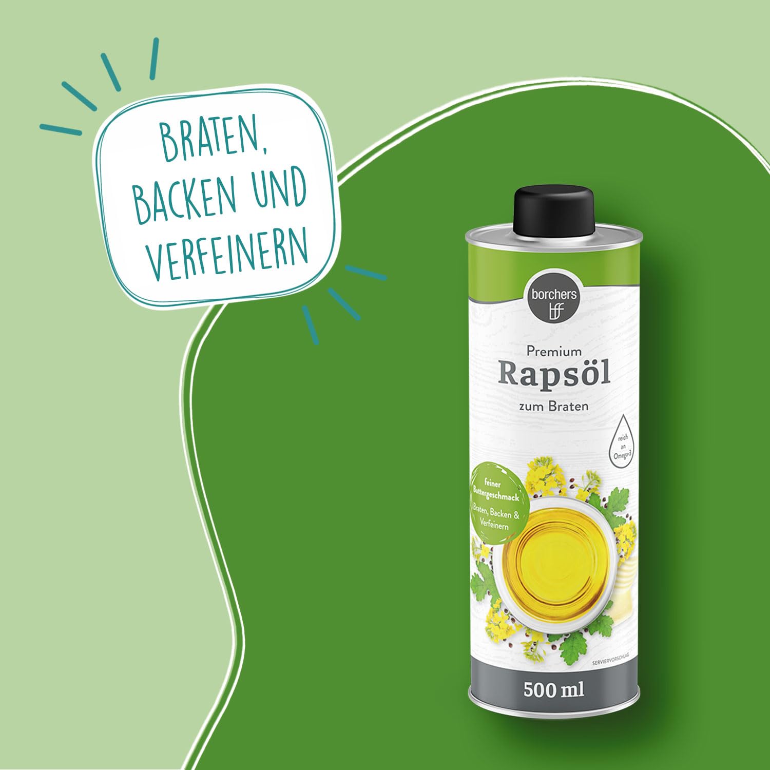borchers 6x Premium Rapsöl | 6er Set | 6x 500 ml | Feiner Buttergeschmack | Reich an Omega-3-Fettsäuren | Zum Braten, Backen und Verfeinern | 3 L