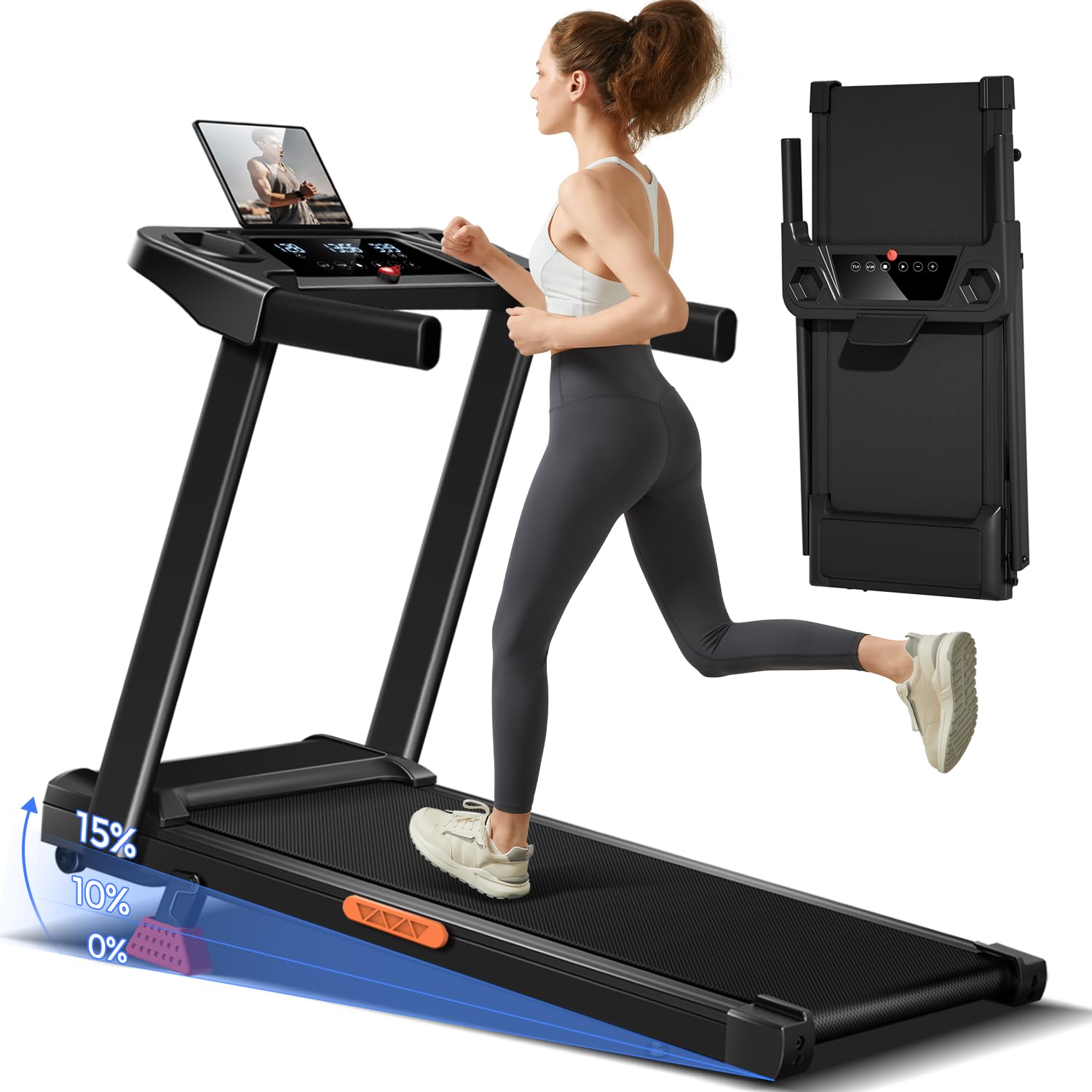 15% Incline Treadmill with Handle, 3-in-1 Portable Treadmills for Home and Office, Foldable Treadmills with 300 Lbs Weight Capacity, 3.0HP Quiet Walking Pad Treadmill, Three Screen