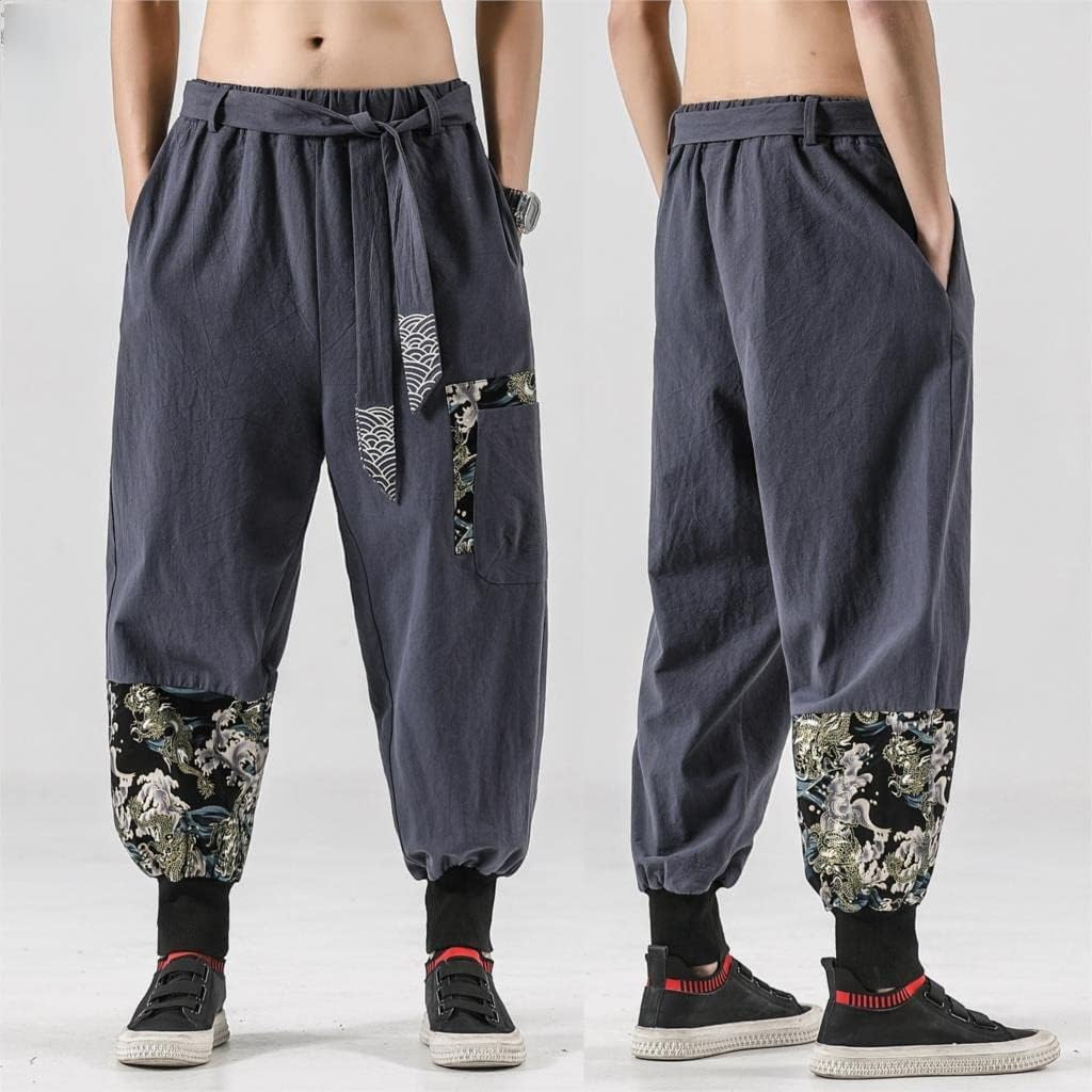 Japanese Kimono Men Cotton Linen Samurai Costume Print Belt Retro Harem Pants Baggy Trousers Hip Hop