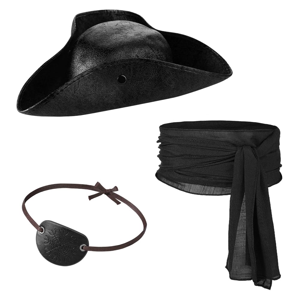 QCHOMEE 3Pcs Pirate Hat Sash Belt Eye Patch Set for Adults Pirate Costume Accessories for Women Men Halloween Fancy Dress Up Captain Cosplay Kits
