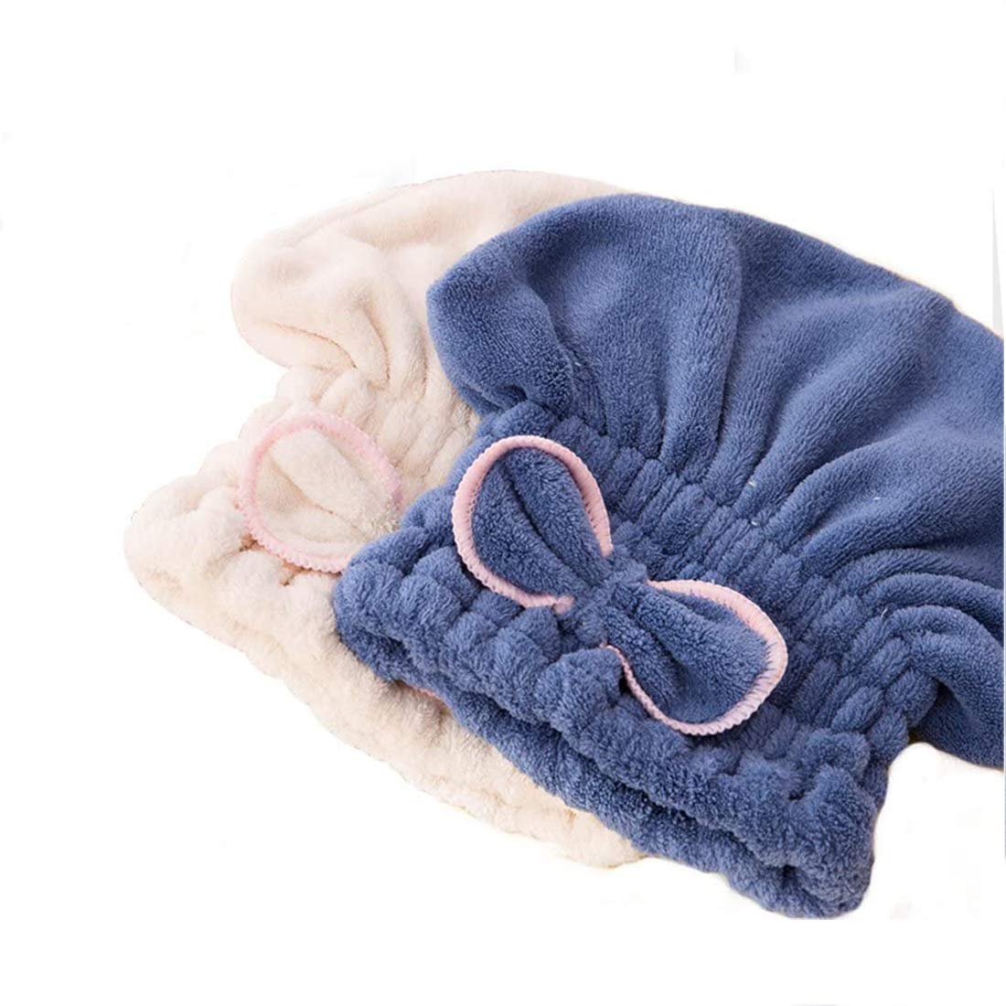 MAKINGTEC 2PC Microfiber Hair Drying Caps, Extrame Soft & Ultra Absorbent, Fast Drying Hair Turban Wrap Towels Shower Cap for Girls and Women (Blue+Beige)