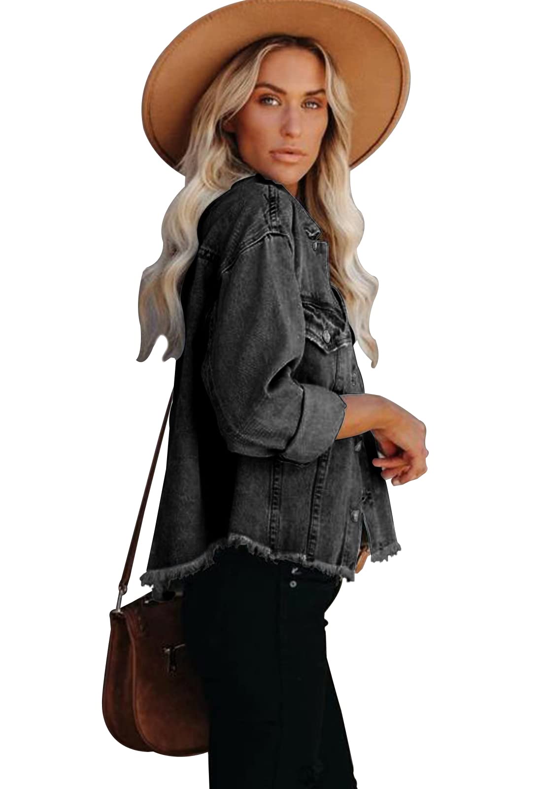 JayscreateEU Female Jeansjacke Kurze jacke Denim Jean Mantel Outwear Lange Ärmel Damen Jeansjacke mit Knöpfen Winter Herbst jacke Kanten und Waschen mit Tasche