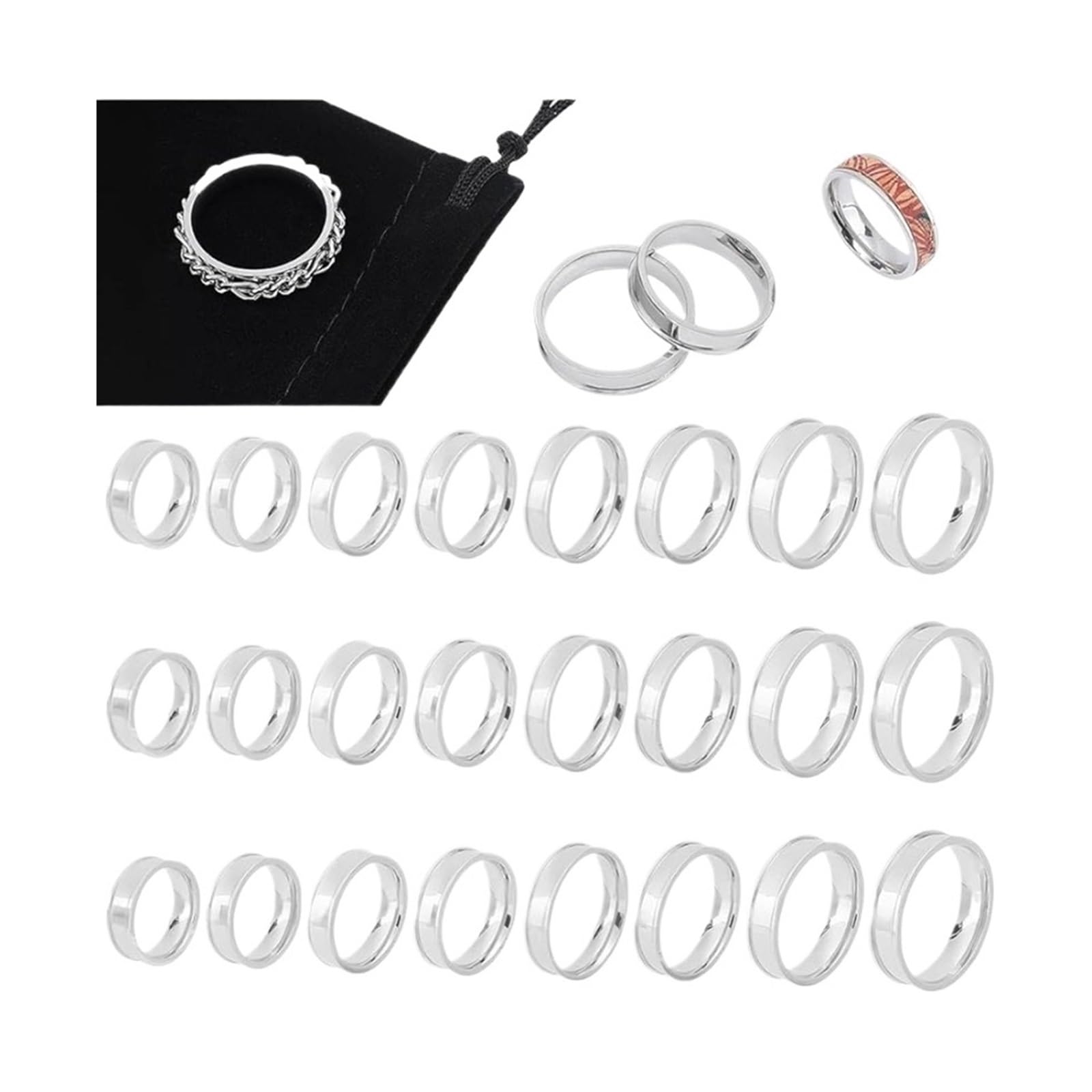 KRFVGYQNK Ring Blank Setting, Blank Rings 24Pcs 8 Sizes Stainless Steel Grooved Finger Ring Wide Band Round Empty