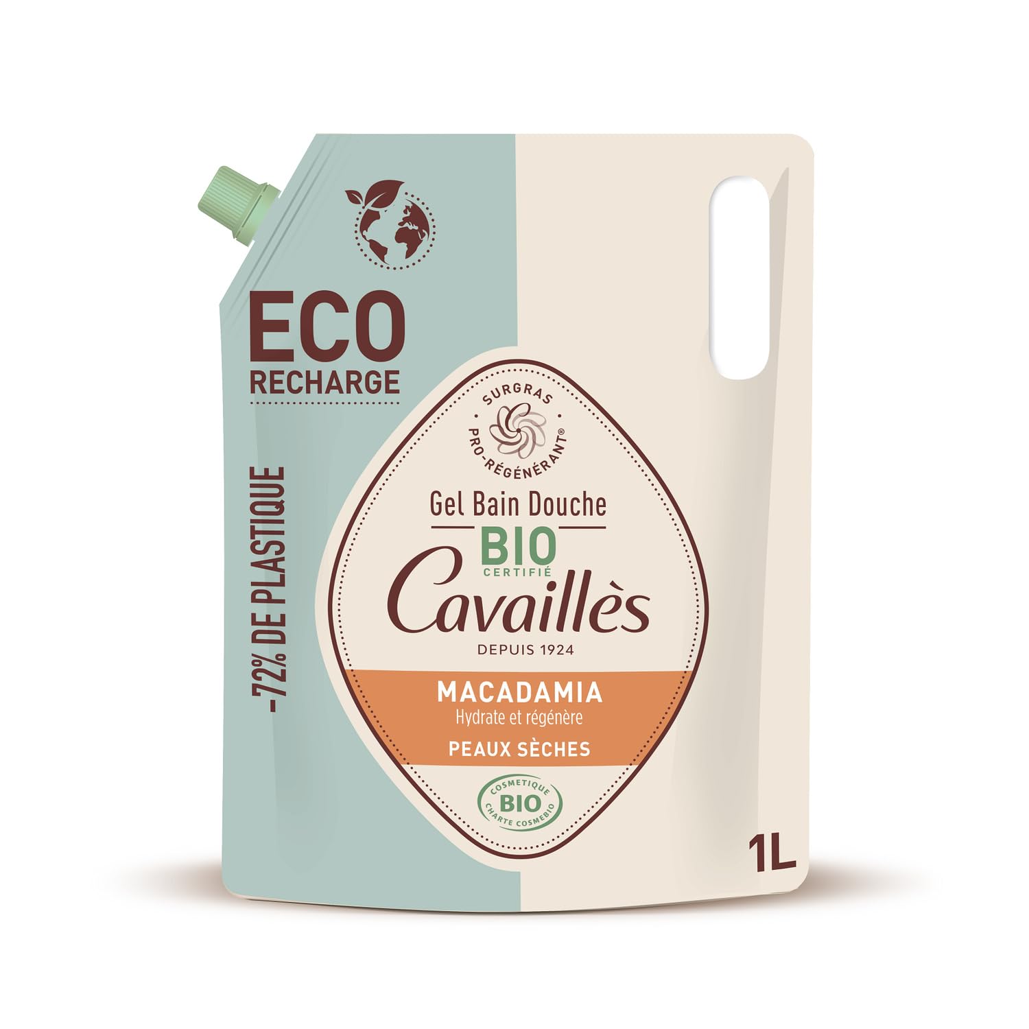 Hydratation quotidienne pour toute la famille avec ROGE CAVAILLES gel douche surgras bio pro-régénérant macadamia, format recharge 1L - Lot de 2