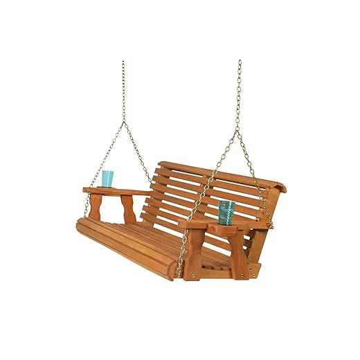 Amish Casual 5 Foot Roll Back Heavy Duty Wooden Porch Swing with Cup Holders in Cedar Stain - Amish Made in The USA from Treated Pine, Outdoor Hanging Bench Swing with 700 Lb. Weight Capacity