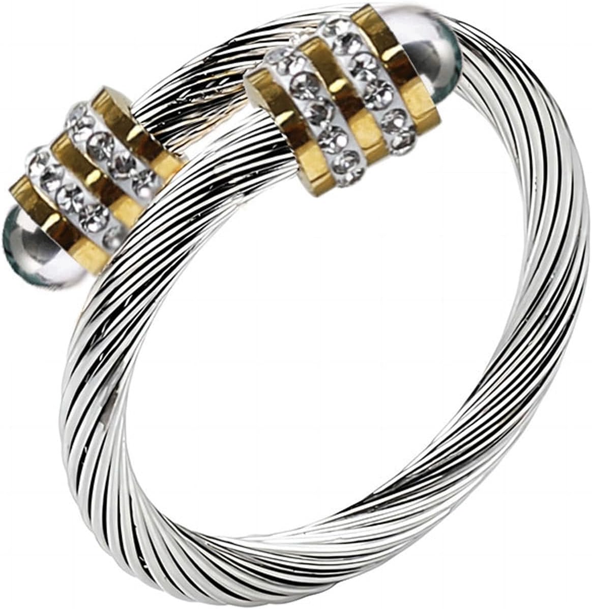 Twisted Cable Wire Rings for Women Stainless Steel Adjustable Ring Open Cuff Design Fits 70-90mm Fingers Cable Chain Cubic Zircon with Steel Balls